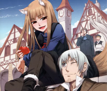 HD PC desktop wallpaper of anime Spice and Wolf: Holo grinning with an apple above Kraft Lawrence, who winks, set against a sunlit medieval market village background.