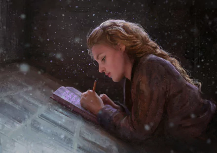 Artistic HD PC desktop wallpaper/background showing a woman writing in a notebook by a snow-dusted window, warm light illuminating her thoughtful profile.