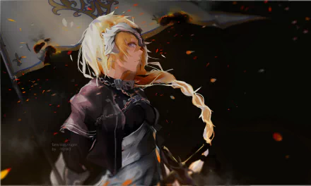 HD desktop wallpaper featuring Jeanne d'Arc from Fate/Grand Order and Fate/Apocrypha. The woman warrior with blonde braided hair and blue eyes stands against a dramatic background, exuding strength and resolve.