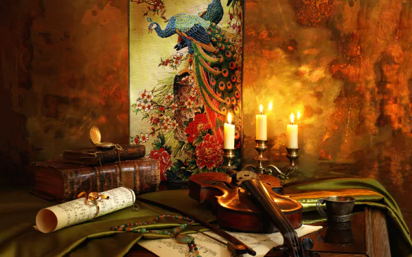 A 4K Ultra HD still life featuring a pocket watch, violin, sheet music, book, and lit candle against a textured warm-toned backdrop.