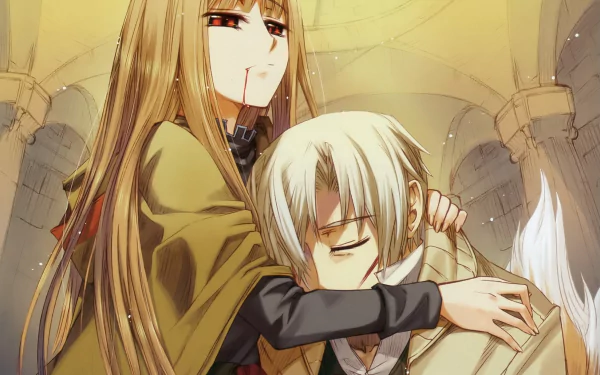 HD anime wallpaper featuring Kraft Lawrence and Holo from Spice and Wolf in an intimate embrace within an arched stone hallway.