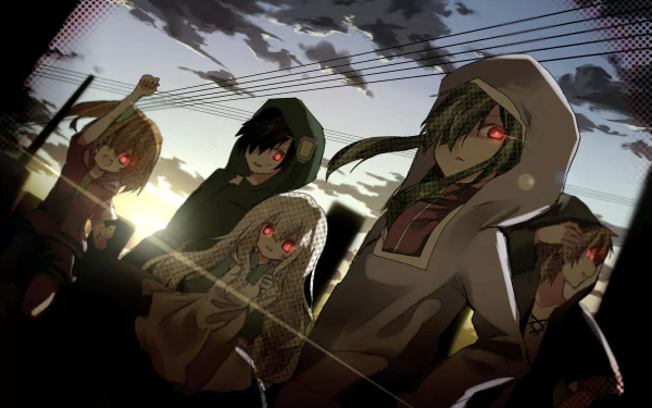 HD PC desktop wallpaper featuring Kousuke Seto, Marry Kozakura, Momo Kisaragi, Tsubomi Kido, and Shuuya Kano from the anime Kagerou Project with glowing red eyes.