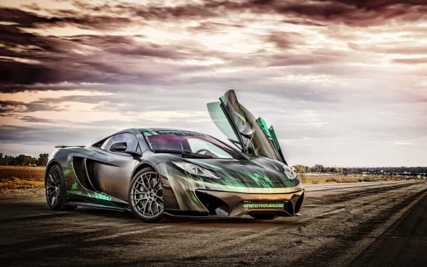 McLaren MP4-12C supercar with open doors parked on a road under a dramatic sky, captured in stunning 4K Ultra HD quality for a striking desktop wallpaper.