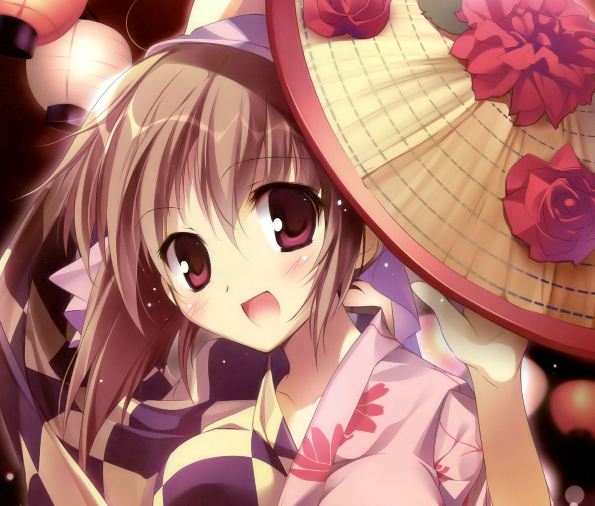 Download Kimono Red Eyes Blush Smile Flower Brown Hair Short Hair Anime Original HD Wallpaper by Karory