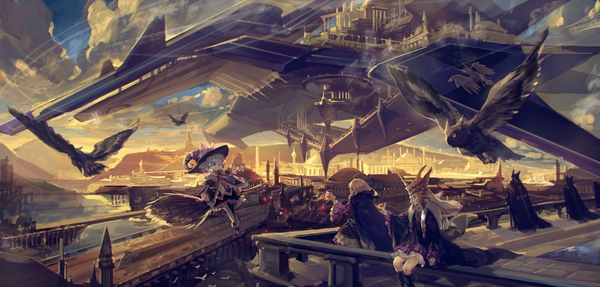 Anime-style Pixiv Fantasia: New World wallpaper of a sprawling fantasy city harbor under vast airships, wizards with short white and blue hair on a rooftop, ravens circling in golden light.