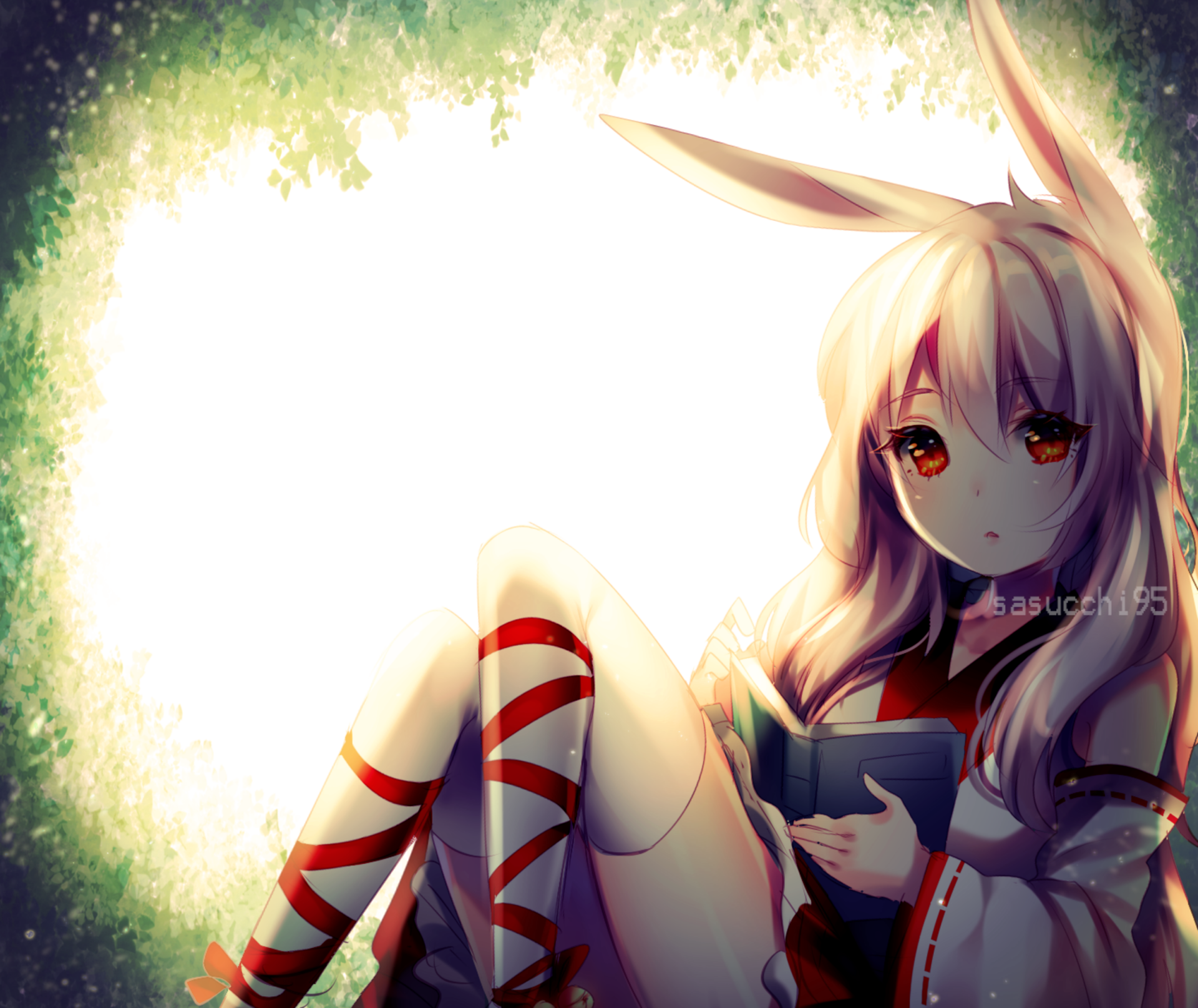 HD PC desktop wallpaper: original anime of a blonde, rabbit-eared girl with red eyes reading a book in warm sunlight against a soft, bright background.