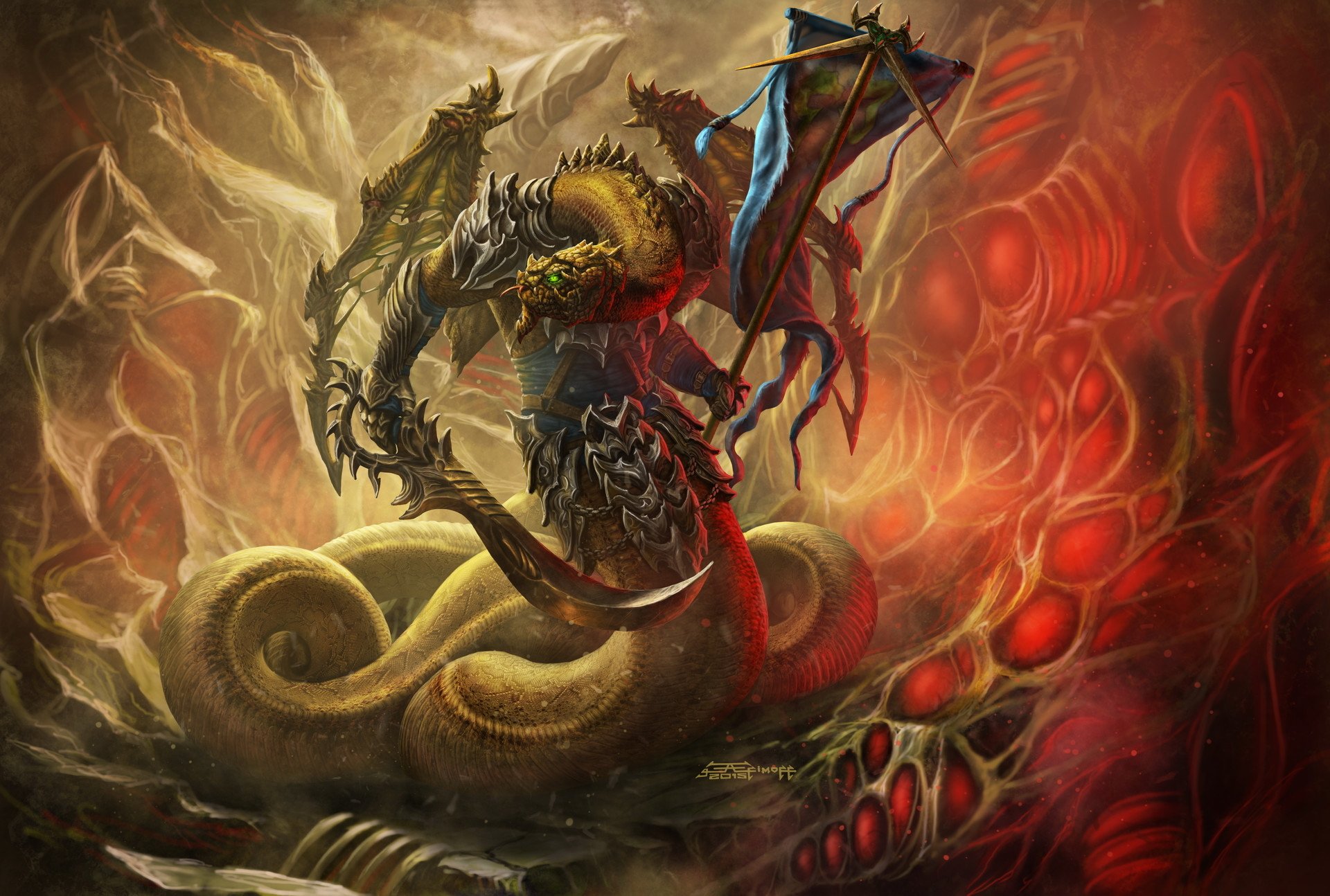 Dark fantasy HD desktop wallpaper featuring a fearsome warrior with wings and a sword, surrounded by tentacles and eerie glowing red organic textures.