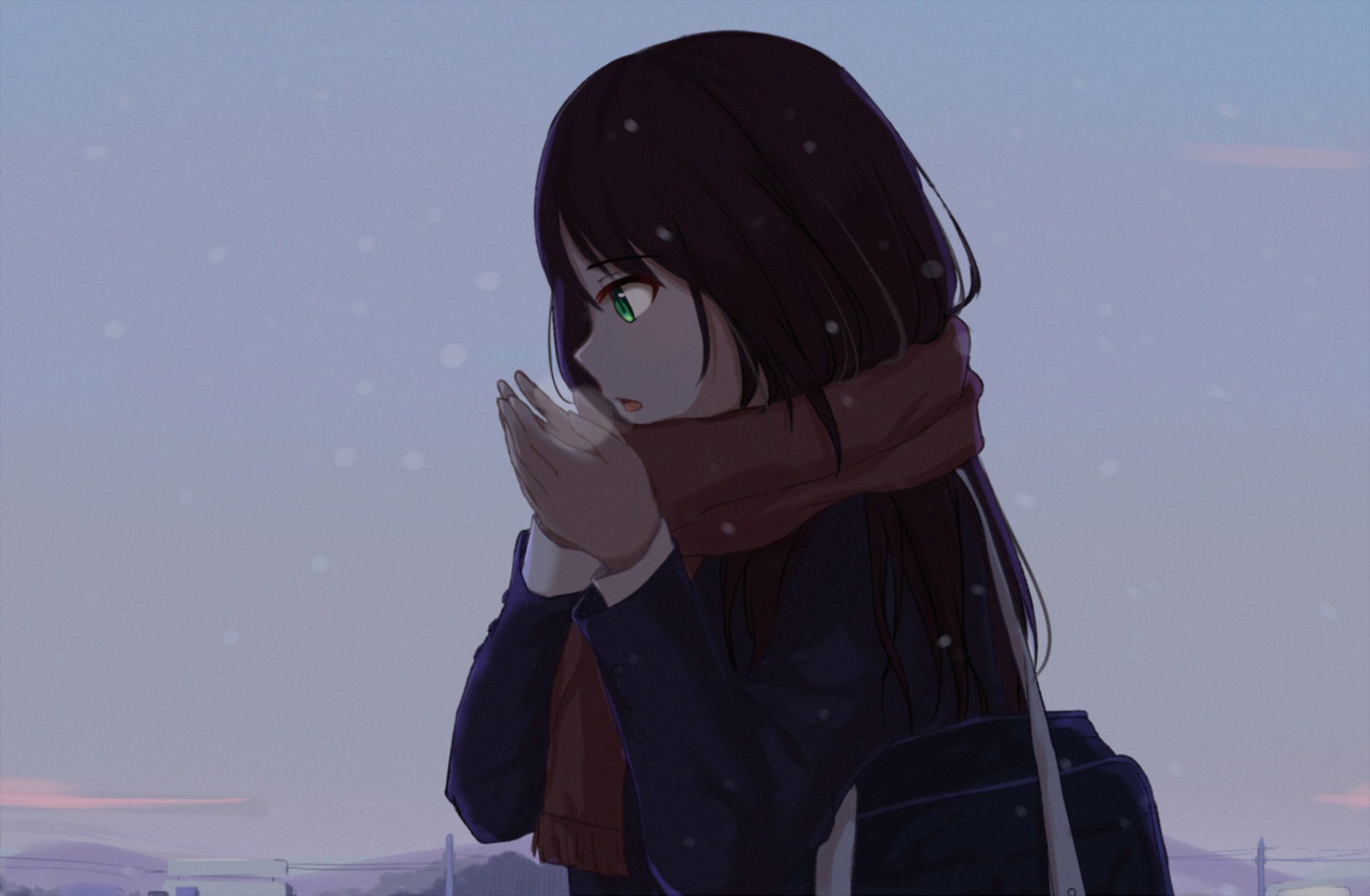 Original Sky Anime HD desktop wallpaper: long-haired girl with green eyes, bundled in a scarf, hands cupped against the cold beneath a pale winter sky.