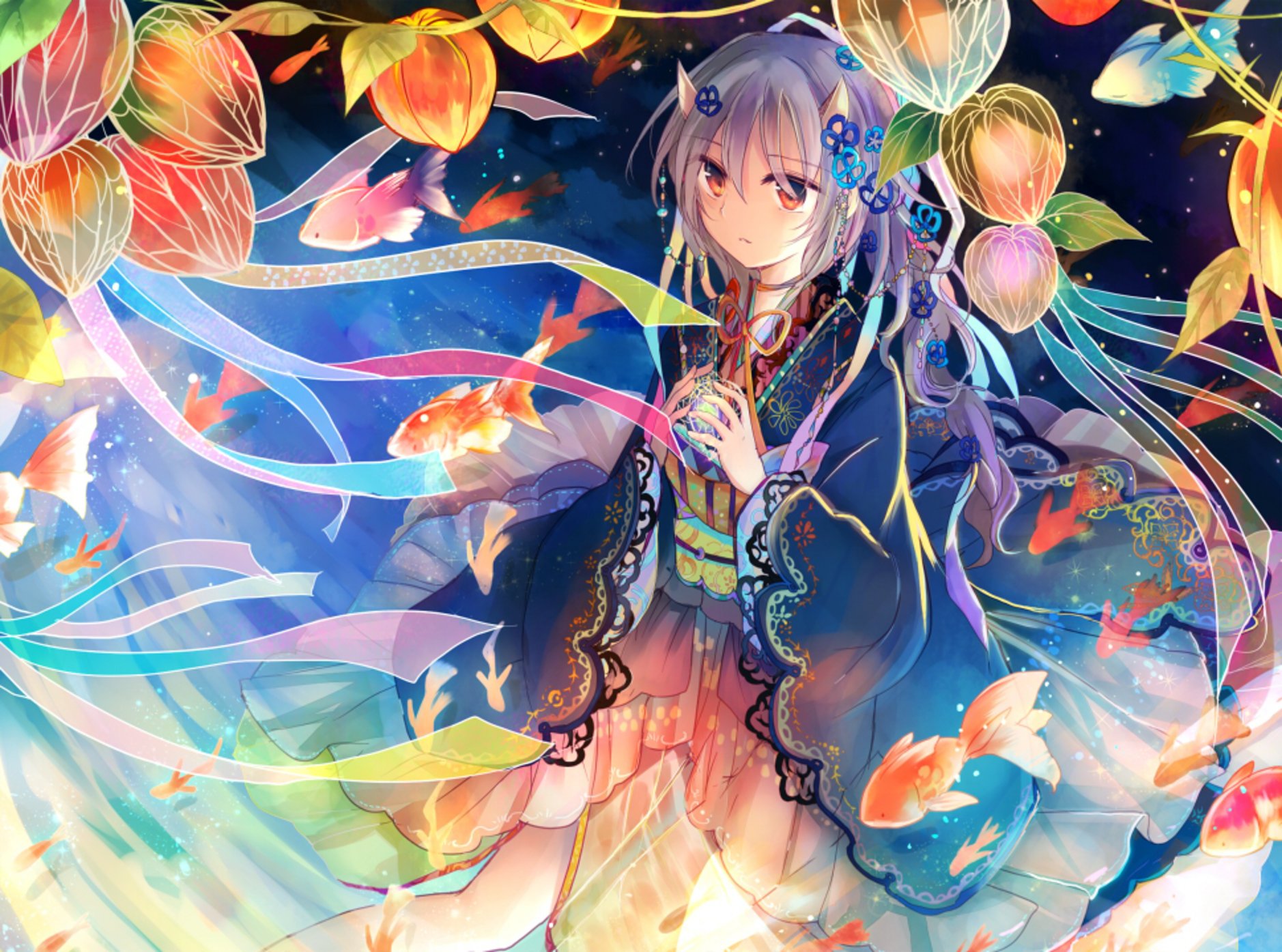 Anime original character with red eyes in a colorful yukata at a festival, surrounded by glowing goldfish and flowing ribbons; HD PC desktop wallpaper background.