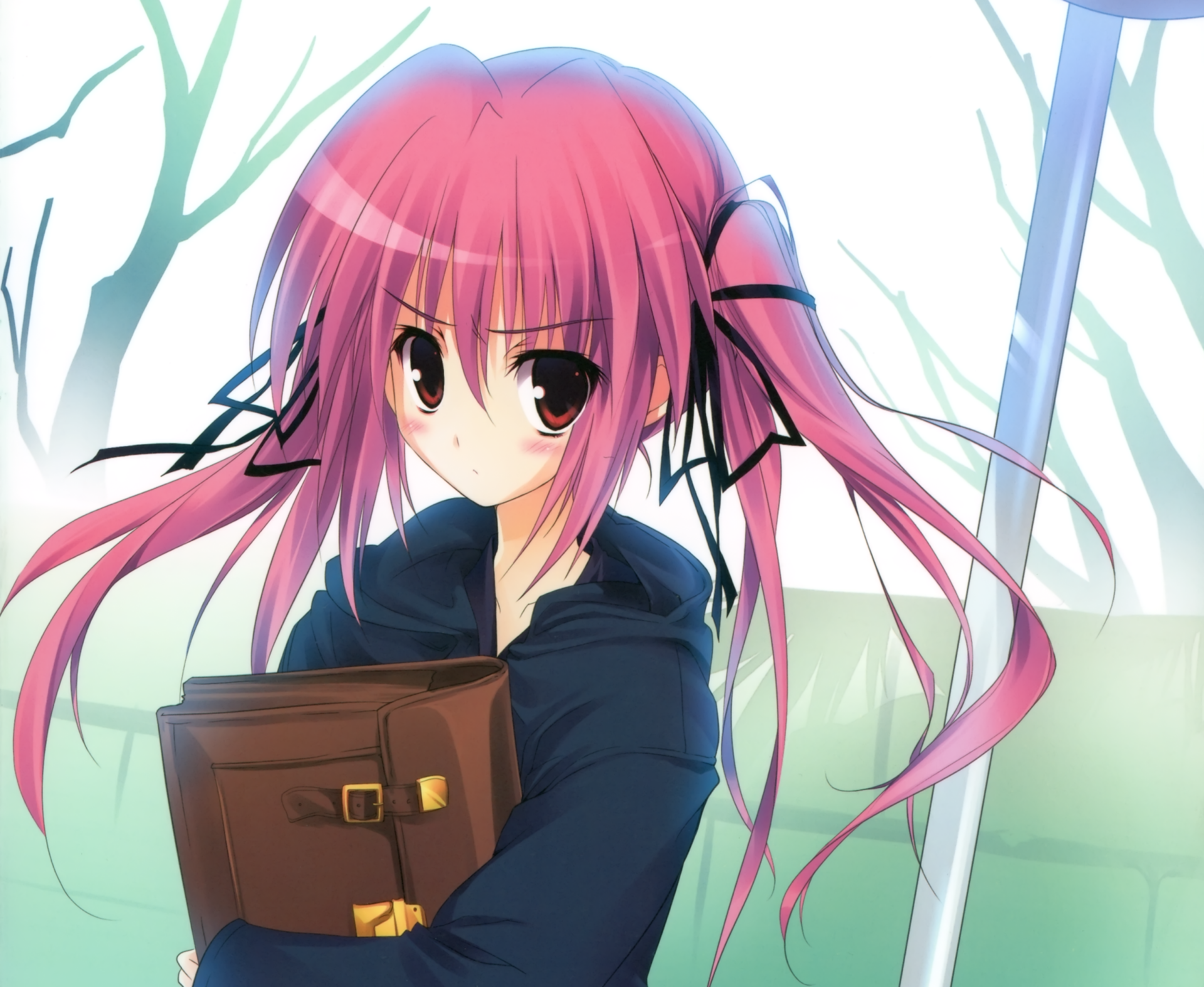 Anime original: long pink twintails girl in a dark coat, blushing with brown eyes, clutching a satchel bag — 2K Quad HD PC desktop wallpaper background.