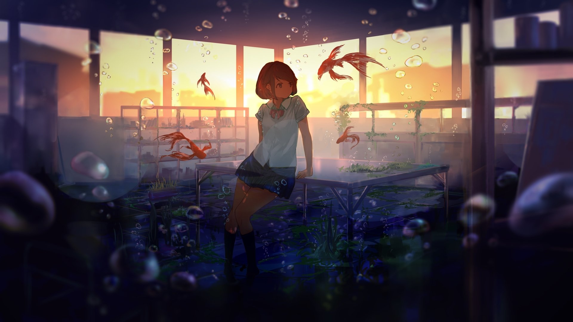 A serene anime scene featuring a short-haired girl at sunset, surrounded by fish and bubbles in a water-filled room, creating a tranquil atmosphere. 4K Ultra HD desktop wallpaper.