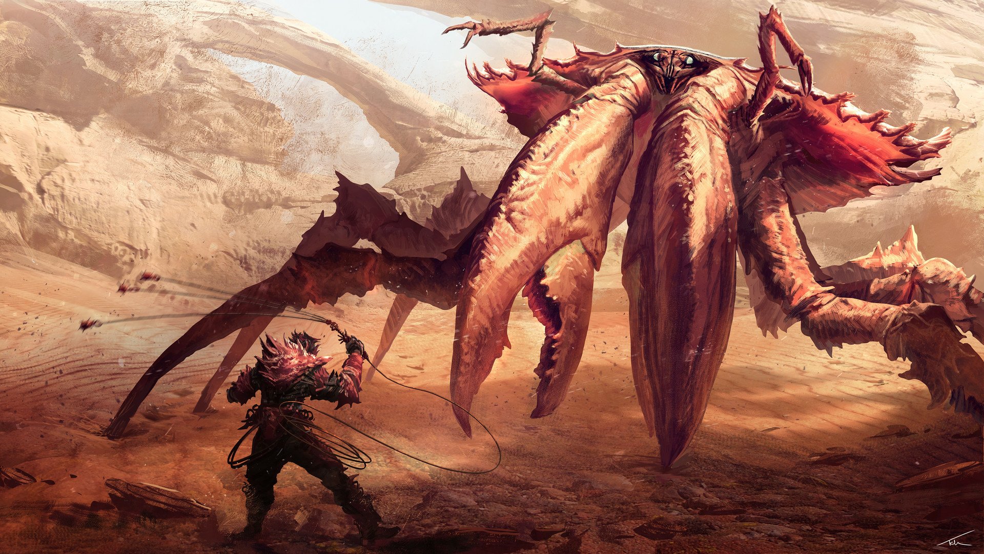 A fantasy warrior confronts a colossal crustacean creature in an epic battle amid a barren, sandy landscape.