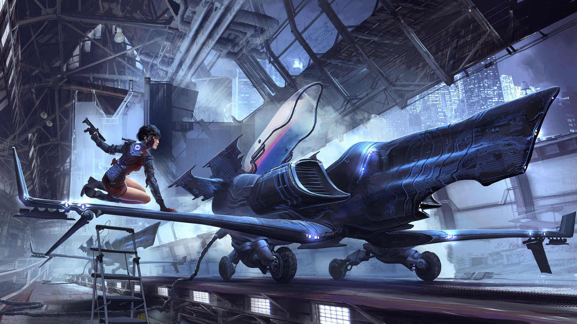 A short-haired woman warrior in a sci-fi hangar prepares next to a sleek spaceship weapon, set against a high-definition futuristic backdrop.