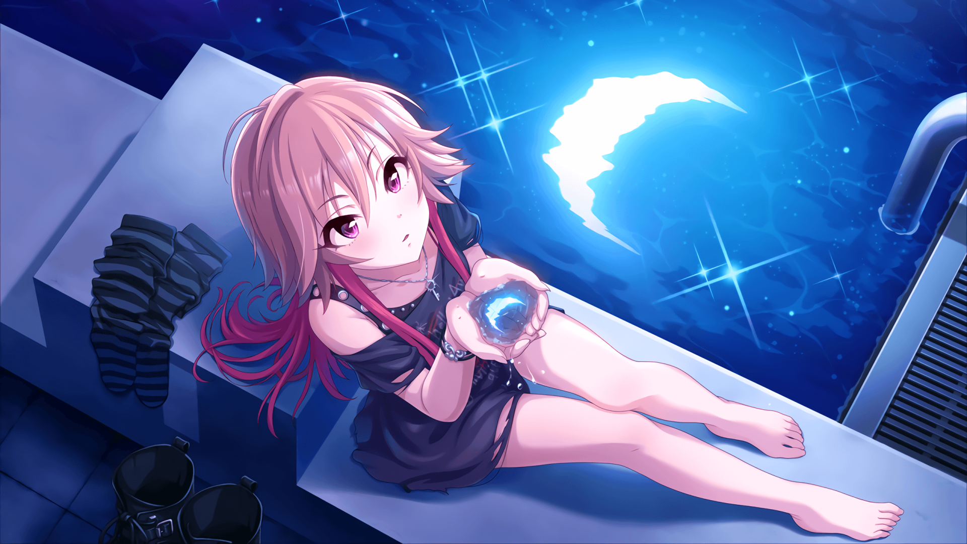 A night scene featuring Asuka Ninomiya from The iDOLM@STER Cinderella Girls. She has pink hair, and sits barefoot holding a glowing orb, with a serene expression. The background shows a blue night sky with stars.