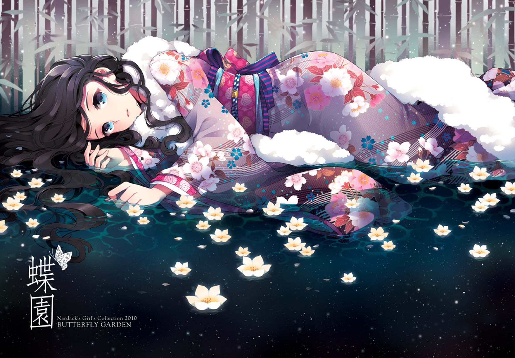 A serene anime-inspired wallpaper featuring a girl with long black hair and blue eyes, wearing a floral kimono, surrounded by water lilies in a tranquil pond setting.