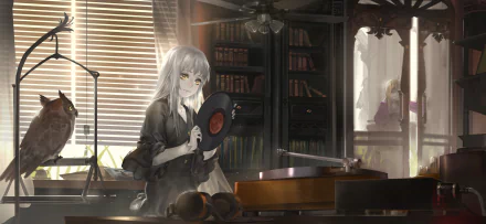 Anime-style scene from Pixiv Fantasia T featuring a white-haired character with yellow eyes in a room, holding a record near a turntable, with an owl nearby.
