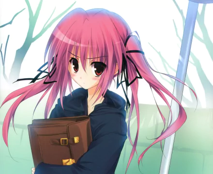 Anime original: long pink twintails girl in a dark coat, blushing with brown eyes, clutching a satchel bag — 2K Quad HD PC desktop wallpaper background.