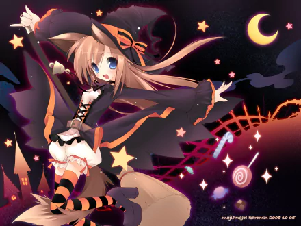 tail blush smile moon star bell broom blue eyes bow (Clothing) hat brown hair long hair Anime Original HD Desktop Wallpaper | Background Image