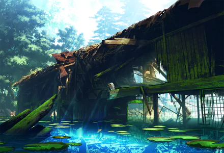 HD Anime wallpaper depicting a serene scene of sunbeams illuminating a cat perched within a dilapidated ruin, surrounded by water and lily pads.