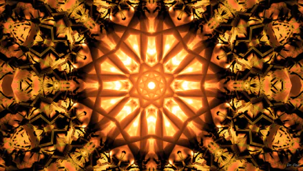 HD PC desktop wallpaper — abstract mandala pattern manipulation: symmetrical golden starburst and kaleidoscopic geometric motif, radiant background.