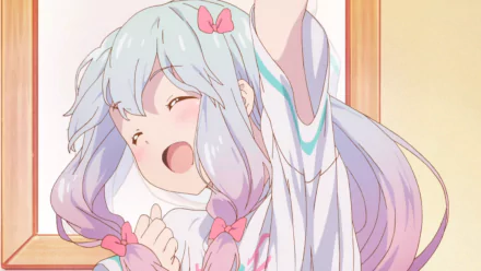 HD wallpaper featuring Sagiri Izumi from the anime EroManga-Sensei. She is smiling joyfully with her hands at her chin, framed by pastel colors, creating a cheerful and heartwarming background.
