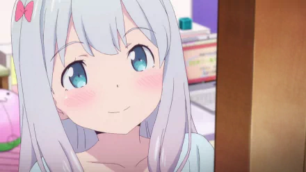 HD PC desktop wallpaper featuring Sagiri Izumi from the anime EroManga-Sensei with a soft smile and bright blue eyes.