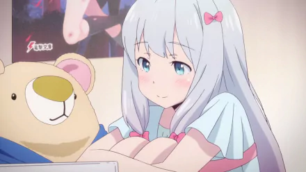 HD anime desktop wallpaper featuring Sagiri Izumi from EroManga-Sensei, showing her with a soft expression holding a large teddy bear.