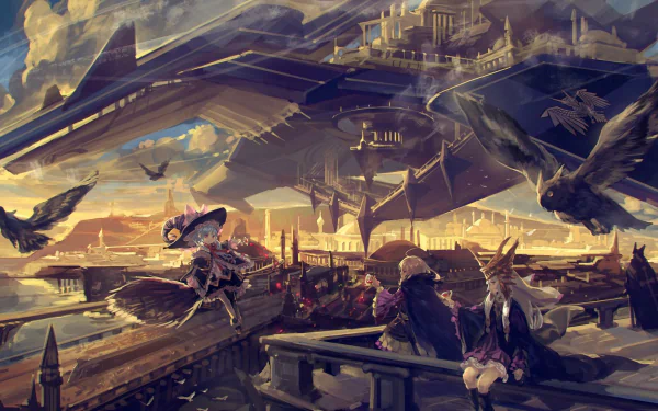 Anime-style Pixiv Fantasia: New World wallpaper of a sprawling fantasy city harbor under vast airships, wizards with short white and blue hair on a rooftop, ravens circling in golden light.