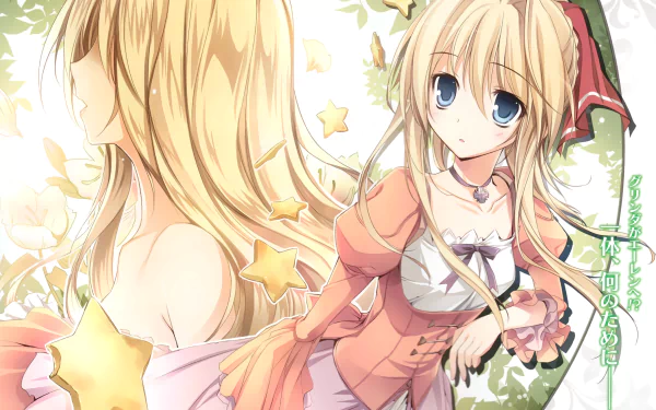 HD PC wallpaper: anime image of Sherlock Doyle (I'm a Royal Tutor in My Sister's Dress) — two blonde, blue-eyed girls in pink dresses amid stars and floral motifs.