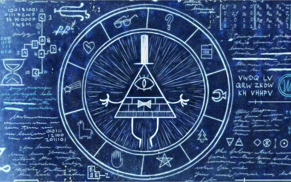 HD desktop wallpaper and background featuring a cryptic illustration from the TV Show Gravity Falls. The image includes mysterious symbols, codes, and the character Bill Cipher in the center.