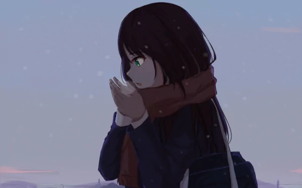 Original Sky Anime HD desktop wallpaper: long-haired girl with green eyes, bundled in a scarf, hands cupped against the cold beneath a pale winter sky.