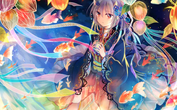 Anime original character with red eyes in a colorful yukata at a festival, surrounded by glowing goldfish and flowing ribbons; HD PC desktop wallpaper background.