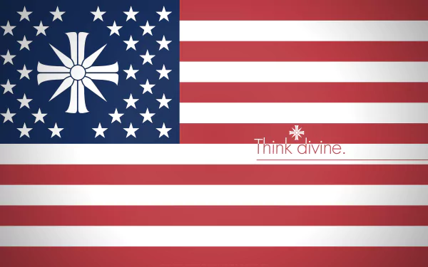 HD desktop wallpaper of the Hope County flag from Far Cry 5, featuring a modified American flag with a cross and the phrase Think Divine.