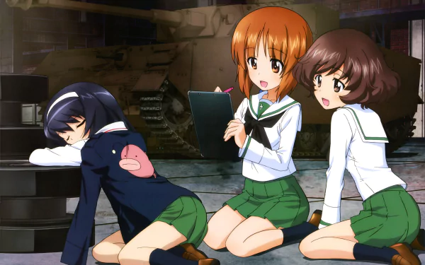 Anime characters Mako Reizei, Yukari Akiyama, and Miho Nishizumi from Girls und Panzer are depicted in a lively scene, set against a military backdrop in this 4K Ultra HD wallpaper.