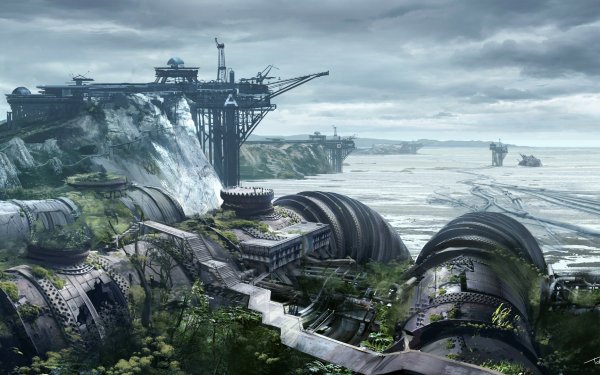 Sci Fi Post Apocalyptic Building Ruin Oil Platform Landscape Cloud HD Wallpaper | Background Image