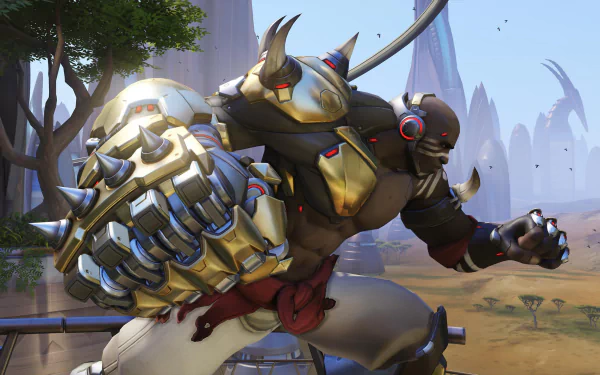 HD PC desktop wallpaper featuring Doomfist from Overwatch in a dynamic action pose against a scenic outdoor background from the video game.
