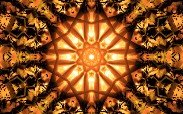 HD PC desktop wallpaper — abstract mandala pattern manipulation: symmetrical golden starburst and kaleidoscopic geometric motif, radiant background.