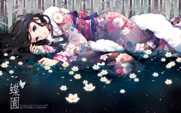 Anime Original Blue Eyes Black Hair Kimono Flower Long Hair Water HD Wallpaper | Background Image