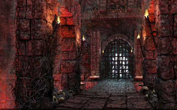 Dark fantasy HD desktop wallpaper depicting a gothic castle interior with torches, skulls, and a heavy iron gate, evoking a mysterious and eerie atmosphere.
