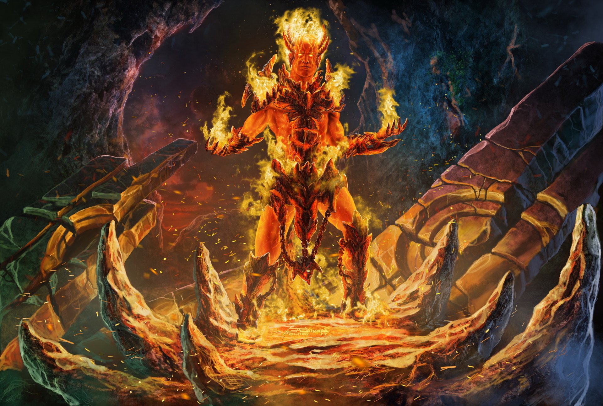 HD PC desktop wallpaper background: horned fantasy demon warrior of living flame, standing on molten spires with arms raised, engulfed in fire and infernal energy.