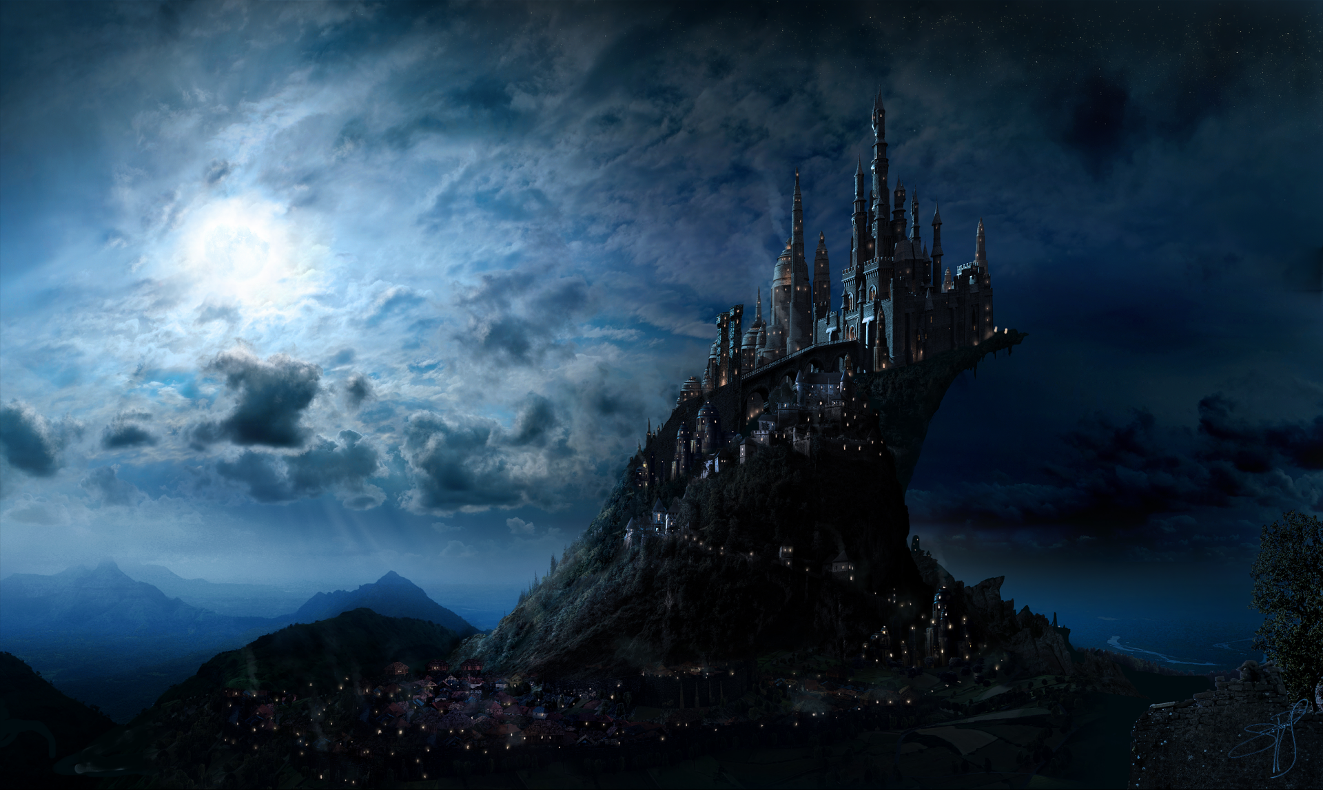 HD wallpaper featuring the iconic Hogwarts Castle from the Harry Potter movies, set against a dramatic, moonlit sky, evoking a sense of fantasy and adventure.