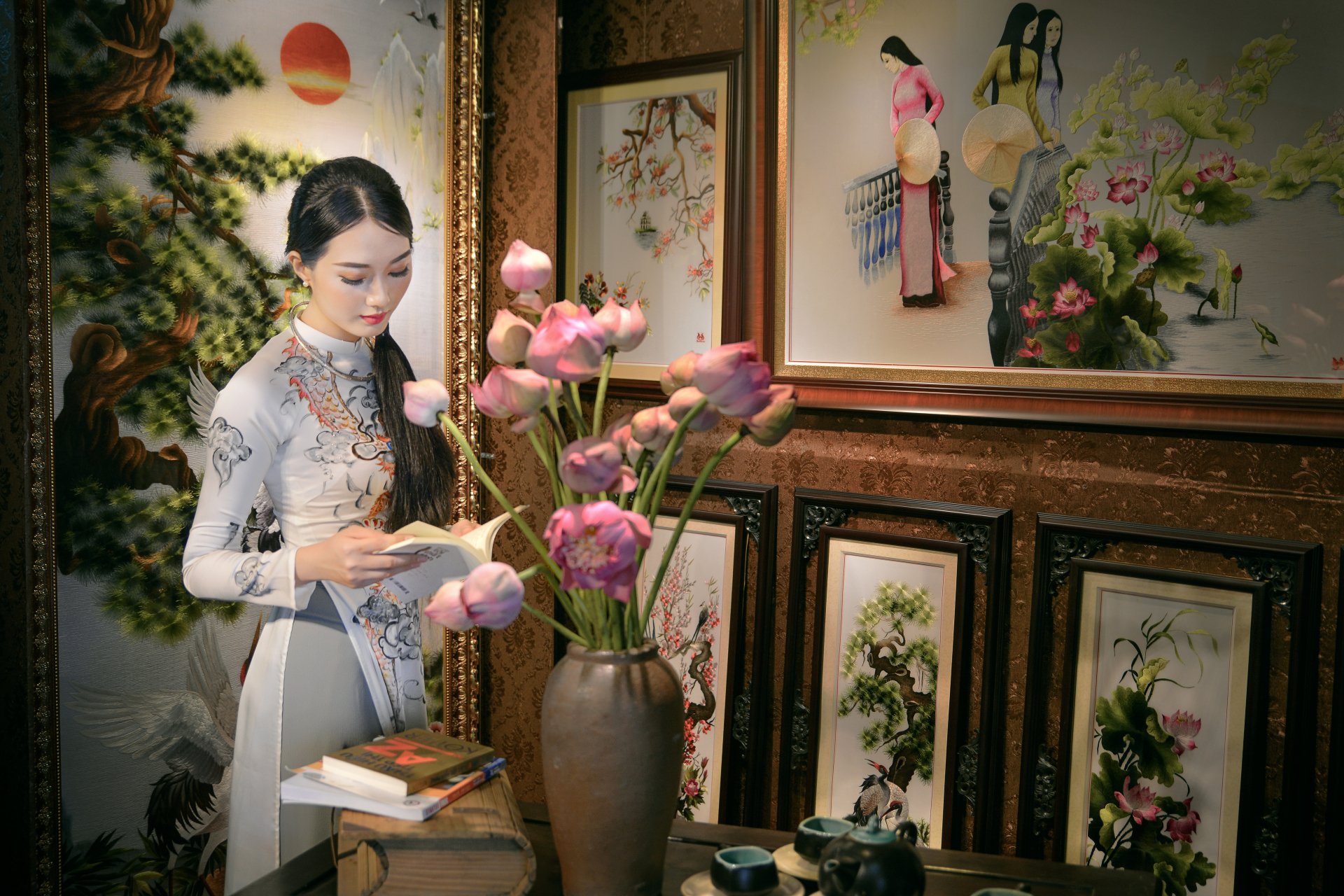 Download Necklace Book Painting Flower Bouquet Vietnamese Ao Dai Woman ...