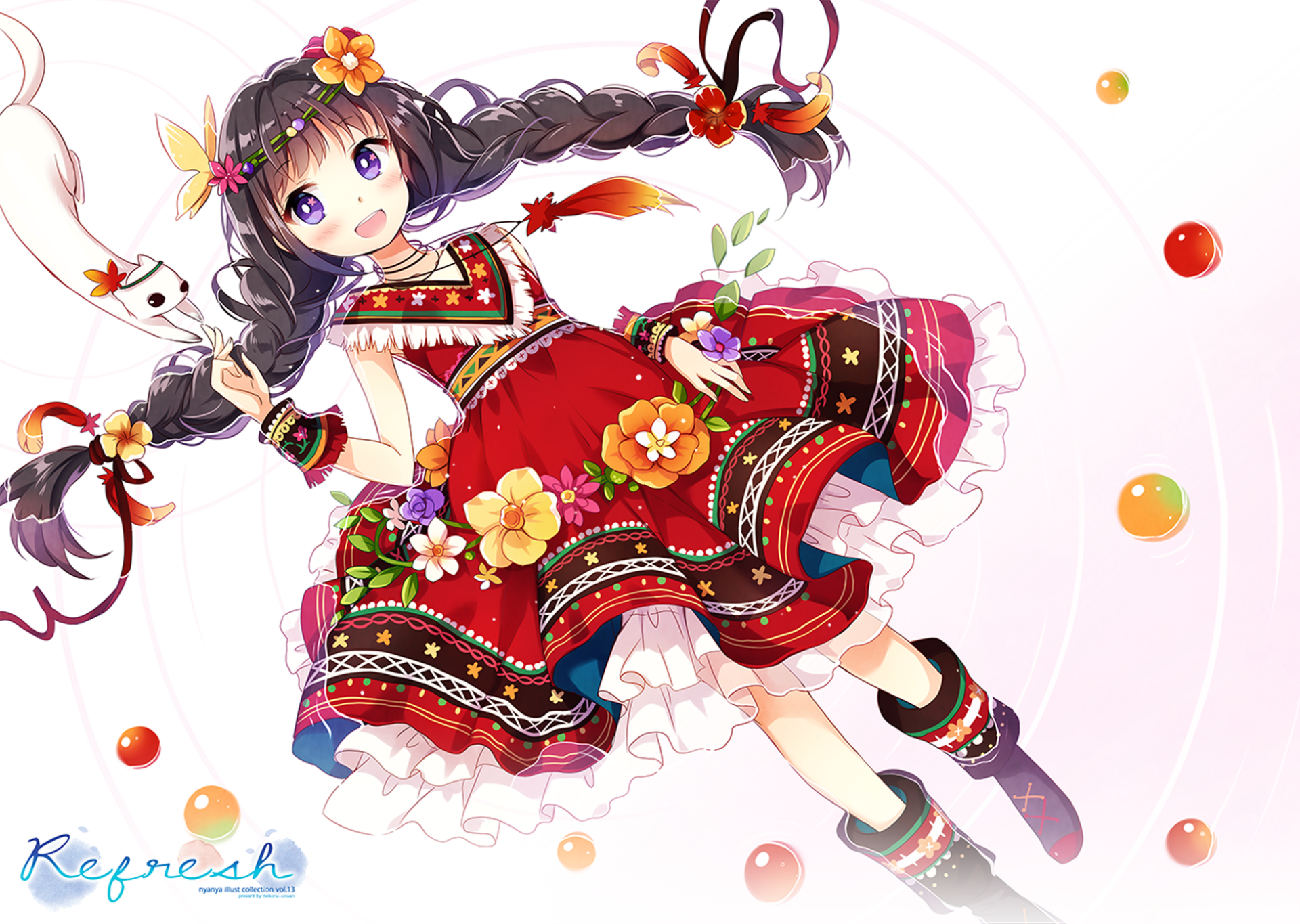 HD anime desktop wallpaper featuring a girl with purple twintails, cat ears, and a colorful dress adorned with flowers, styled as an original anime cat character.