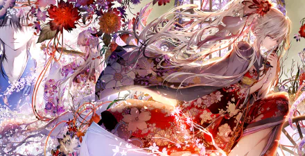 Anime-style original character with long white hair wearing a floral kimono, surrounded by vibrant red and purple flowers in an HD desktop wallpaper.