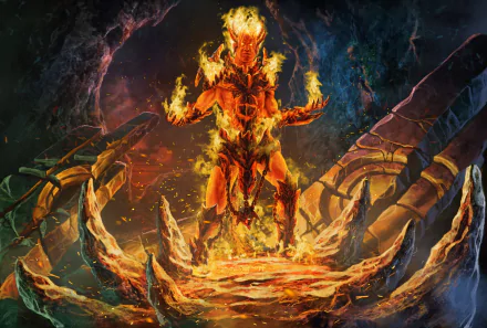 HD PC desktop wallpaper background: horned fantasy demon warrior of living flame, standing on molten spires with arms raised, engulfed in fire and infernal energy.