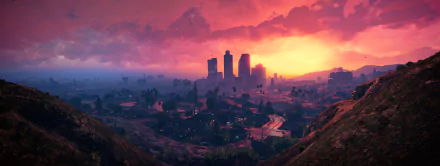 A vibrant sunset casts colorful hues over the skyline of Los Santos, showcasing skyscrapers against a dramatic sky in this HD wallpaper from Grand Theft Auto V.