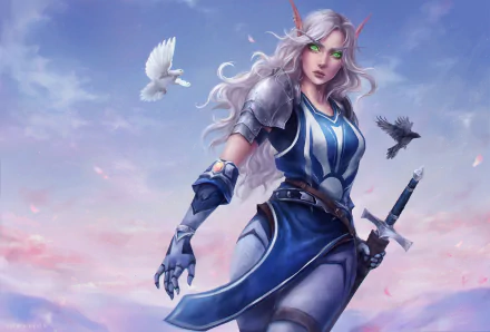 A white-haired woman warrior with pointed ears, green eyes, and a sword, surrounded by a dove and a crow against a vibrant sky background.