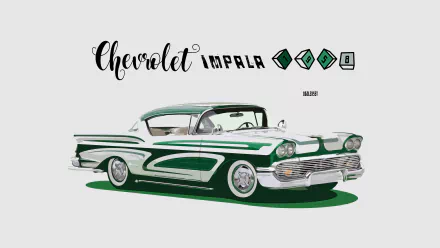 HD desktop wallpaper featuring a classic green Chevrolet Impala vintage car illustration with stylized text and emblem on a light background.
