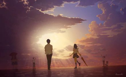 Anime-style HD desktop wallpaper of a sunrise sky with dramatic clouds, featuring silhouetted figures holding umbrellas against a glowing horizon.