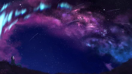 Anime-style HD desktop wallpaper featuring a vibrant night sky with stars, a comet, and colorful aurora borealis glowing above a silhouetted landscape.